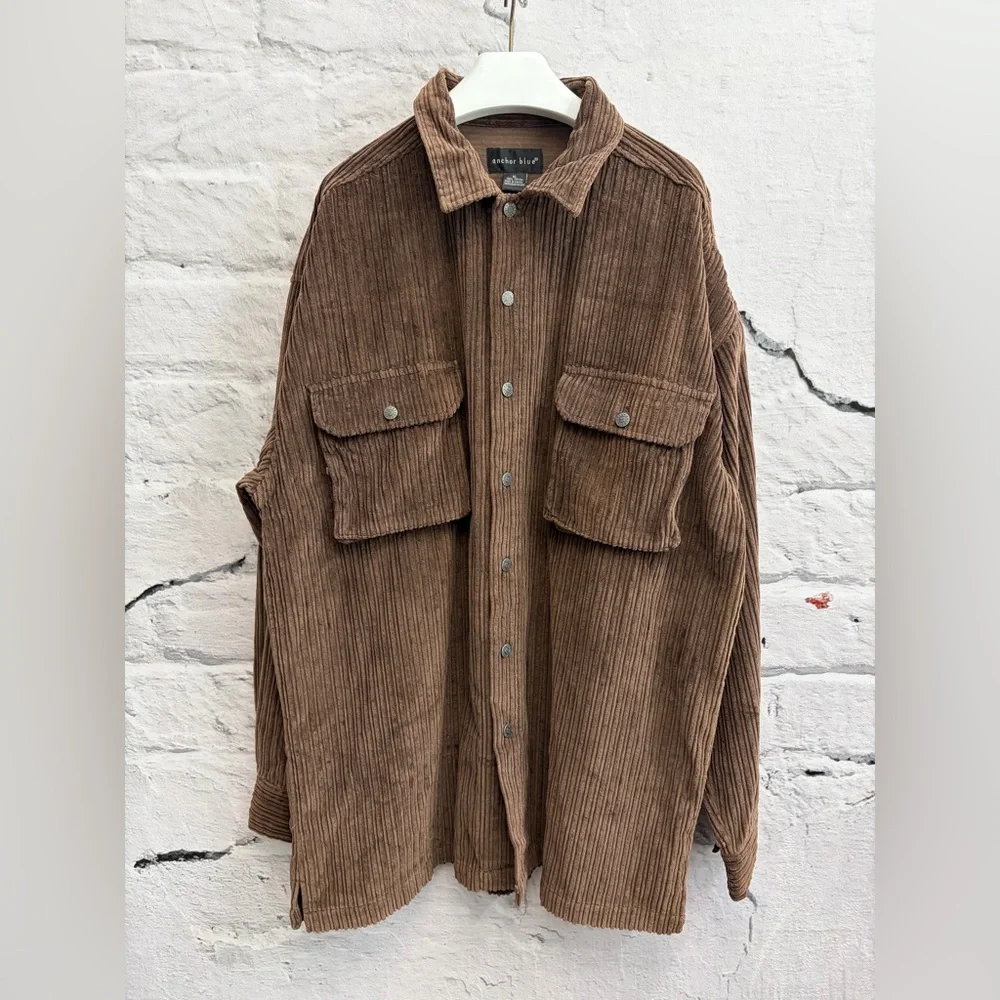 Vtg 90s Anchor‎ Blue Heavy Corduroy Shacket Oversized Brown Shirt Jacket Y2K